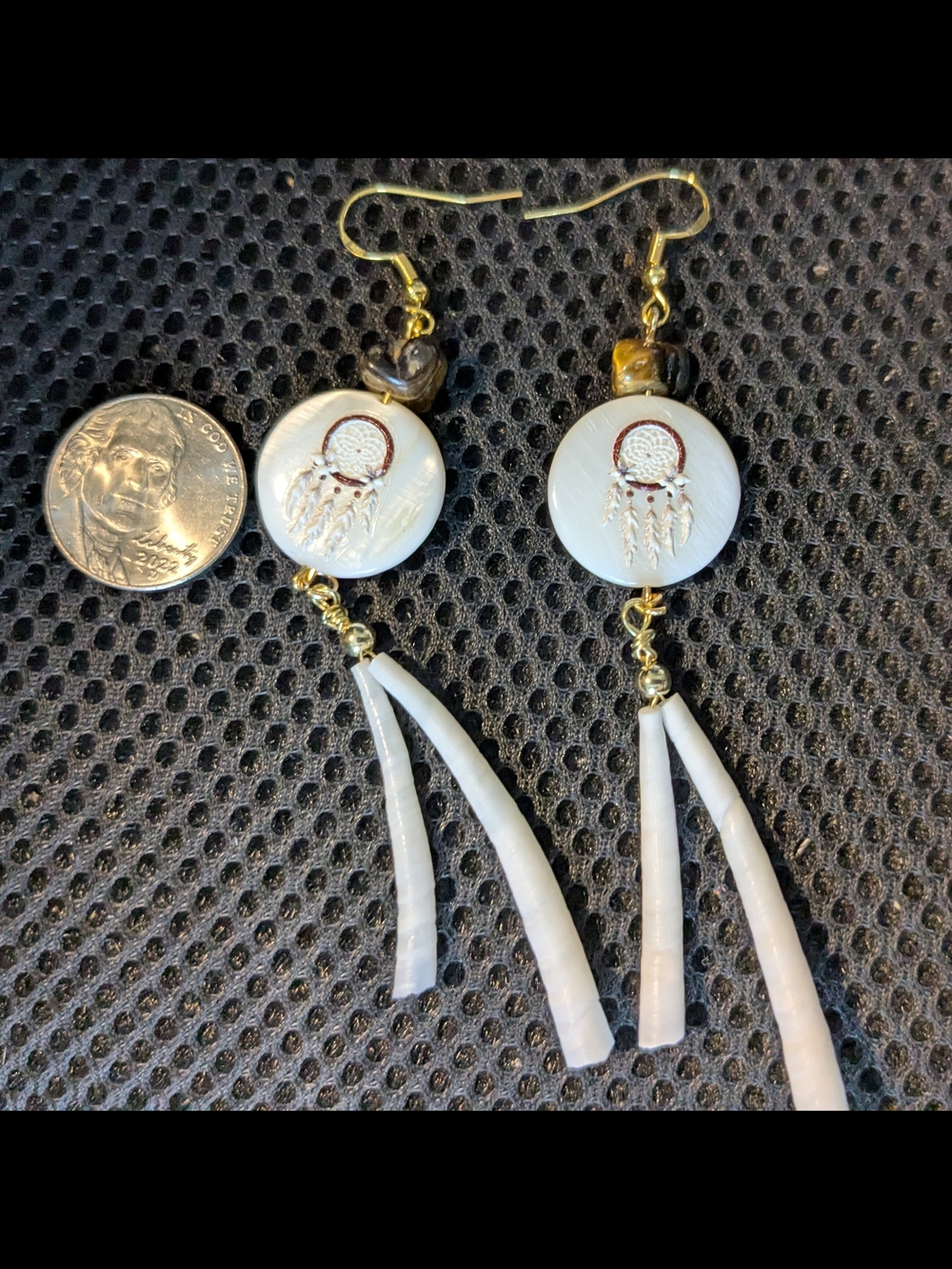 Native American White Dreamcatcher Dentalium Shell Drop Dentalium Earrings - Picture 4 of 11